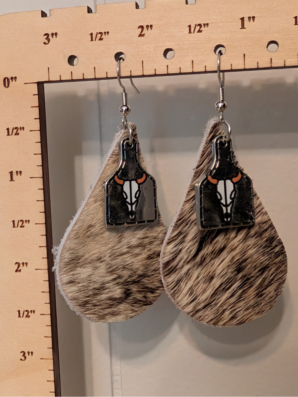 Faux Fur Teardrop Earrings with Bull Skull Charm Handmade